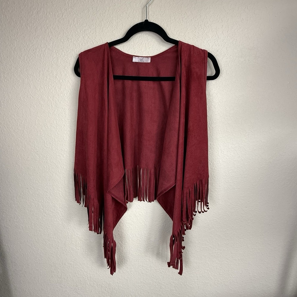 A3 Design Faux Suede Red Fringe Vest Western Festival Boho Hippie OS